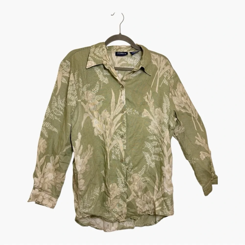 Liz Claiborne Liz Sport Green Linen Tropical Print Button Down Shirt Large